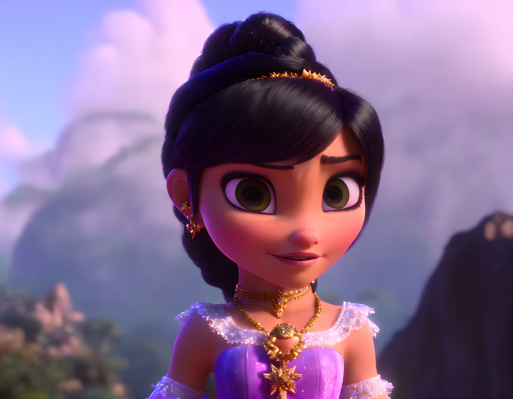 Dark-Haired 3D Animated Character in Purple Dress with Golden Jewelry