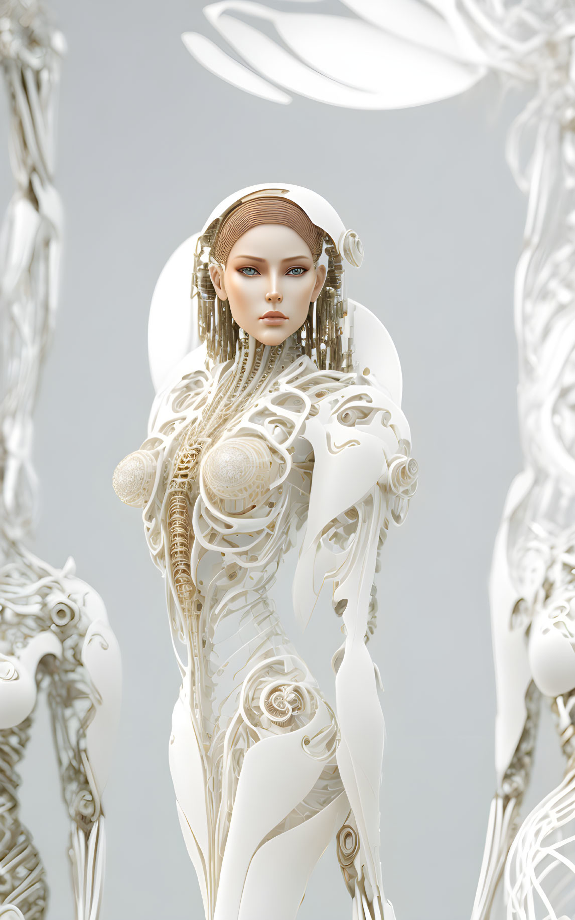 Futuristic female humanoid robot with intricate white and gold designs
