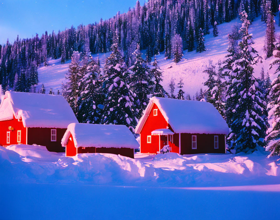 Snowy Landscape with Red Houses and White-Trimmed Windows