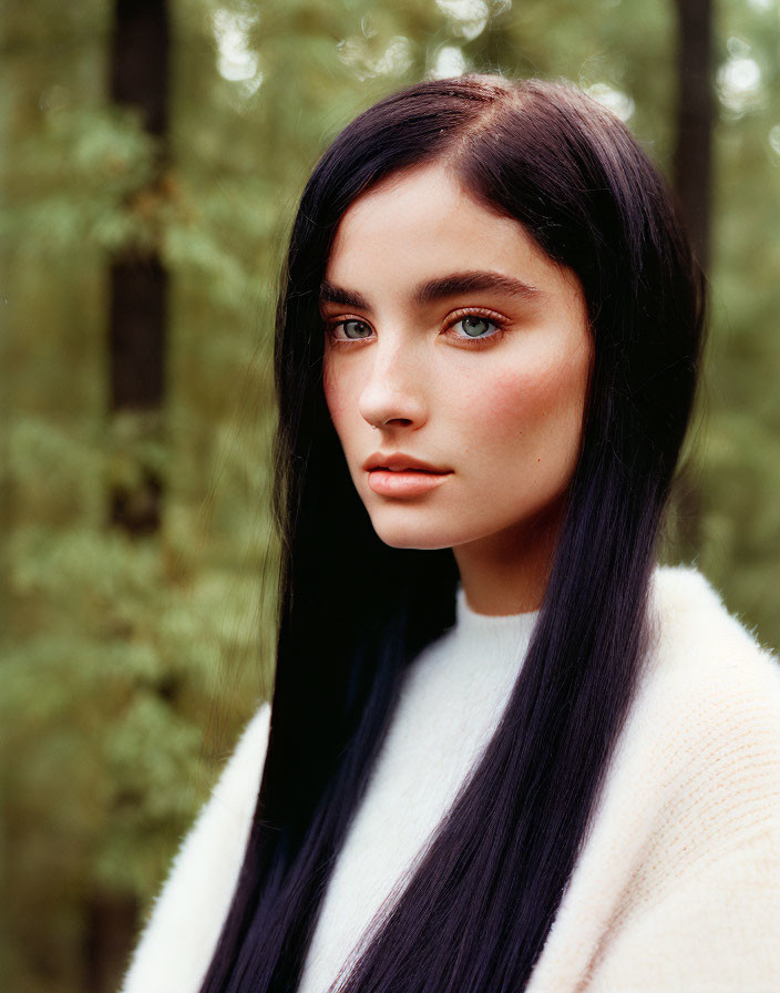 Woman with long black hair and blue eyes in white top against forest backdrop