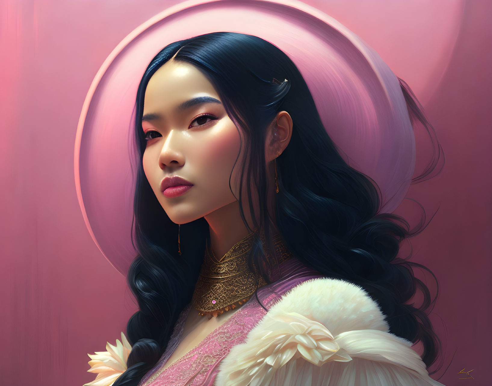 Asian woman in traditional attire with long dark hair and gold necklace in digital portrait