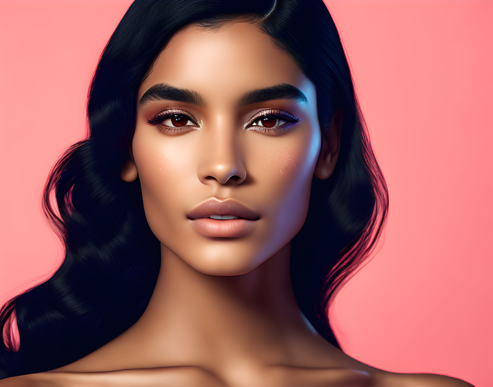 Detailed digital art portrait of a woman with flawless skin and bold makeup on a pink background