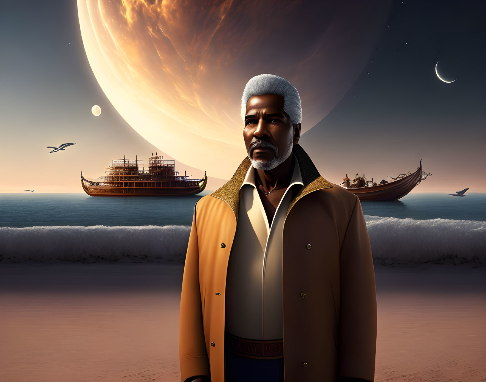 White-bearded man on beach at sunset with large planet and boats.
