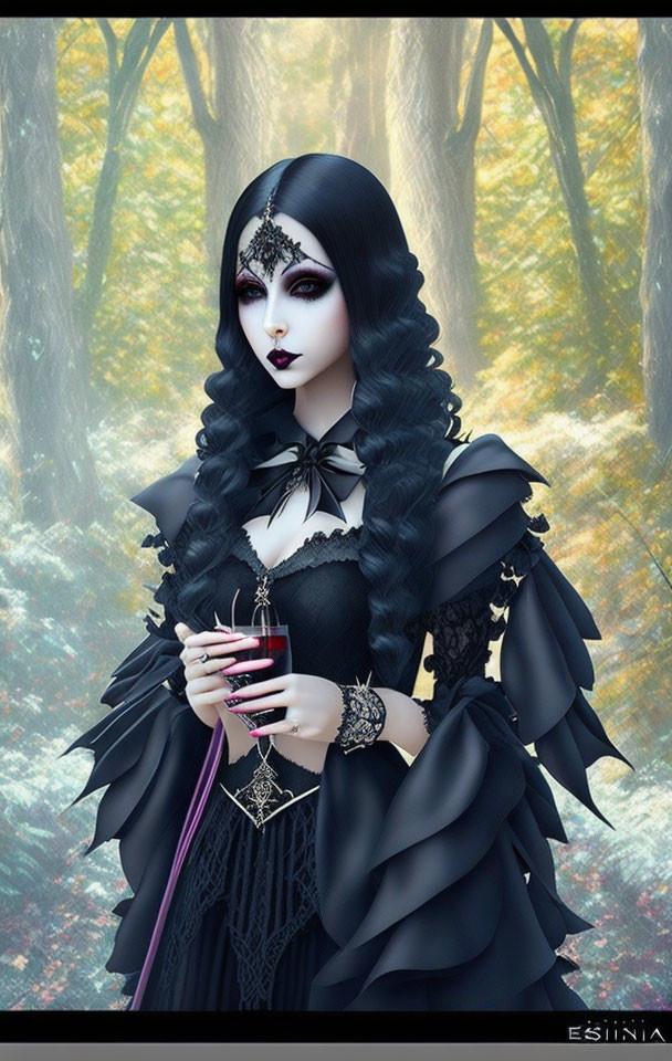 Dark Gothic Female Character with Cascading Hair in Autumn Forest
