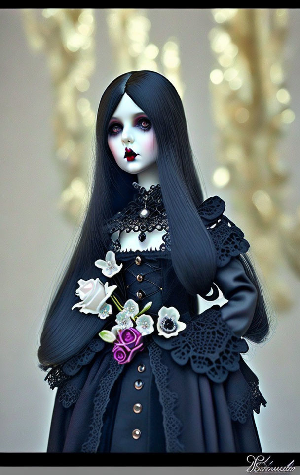 Gothic style doll with long black hair and ornate black dress.
