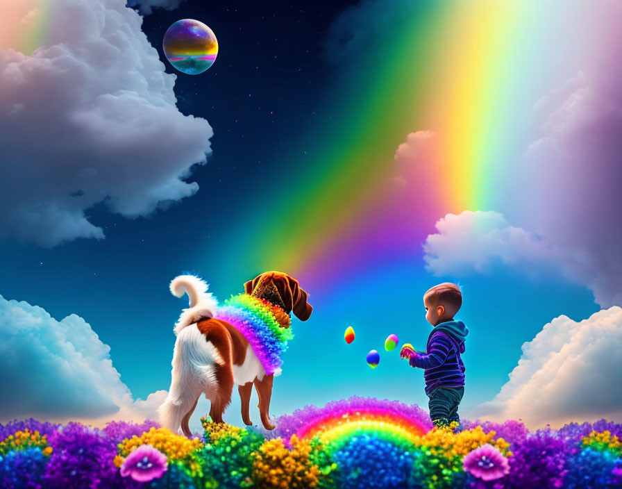 Toddler and dog admire rainbow, bubbles, and flower field with surreal sky.