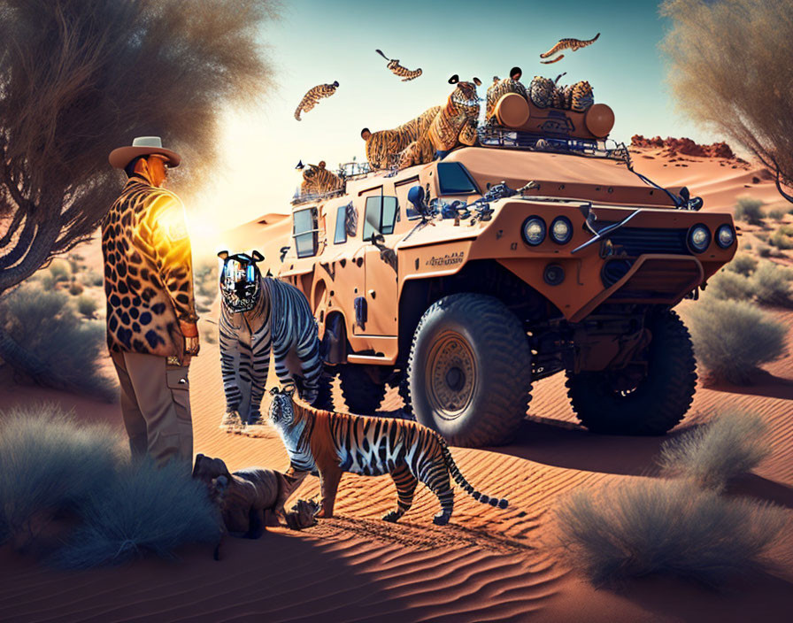 Man in Leopard Print Surrounded by Big Cats in Desert Scene