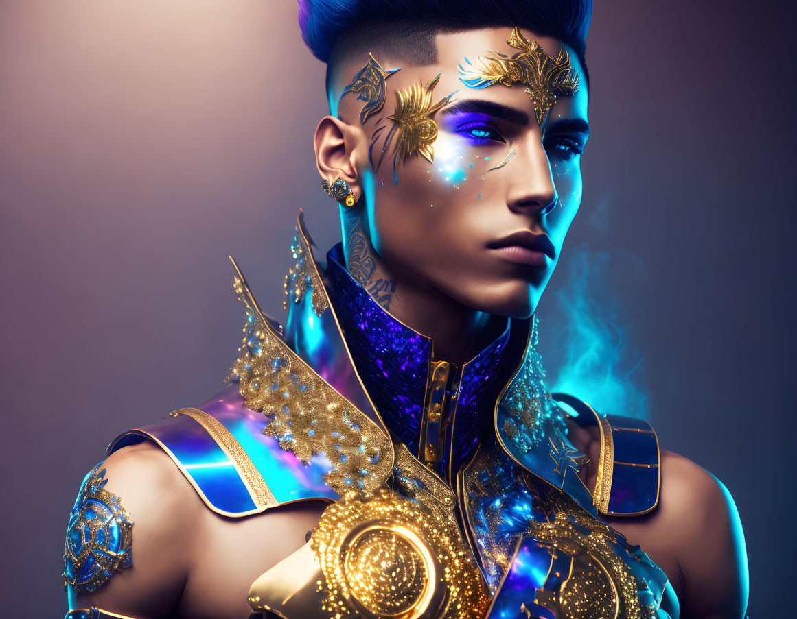 Blue-skinned person with golden facial adornments and glowing blue smoke portrait.