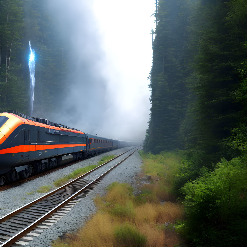 Orange and Gray Train Passing Through Misty Forest Landscape