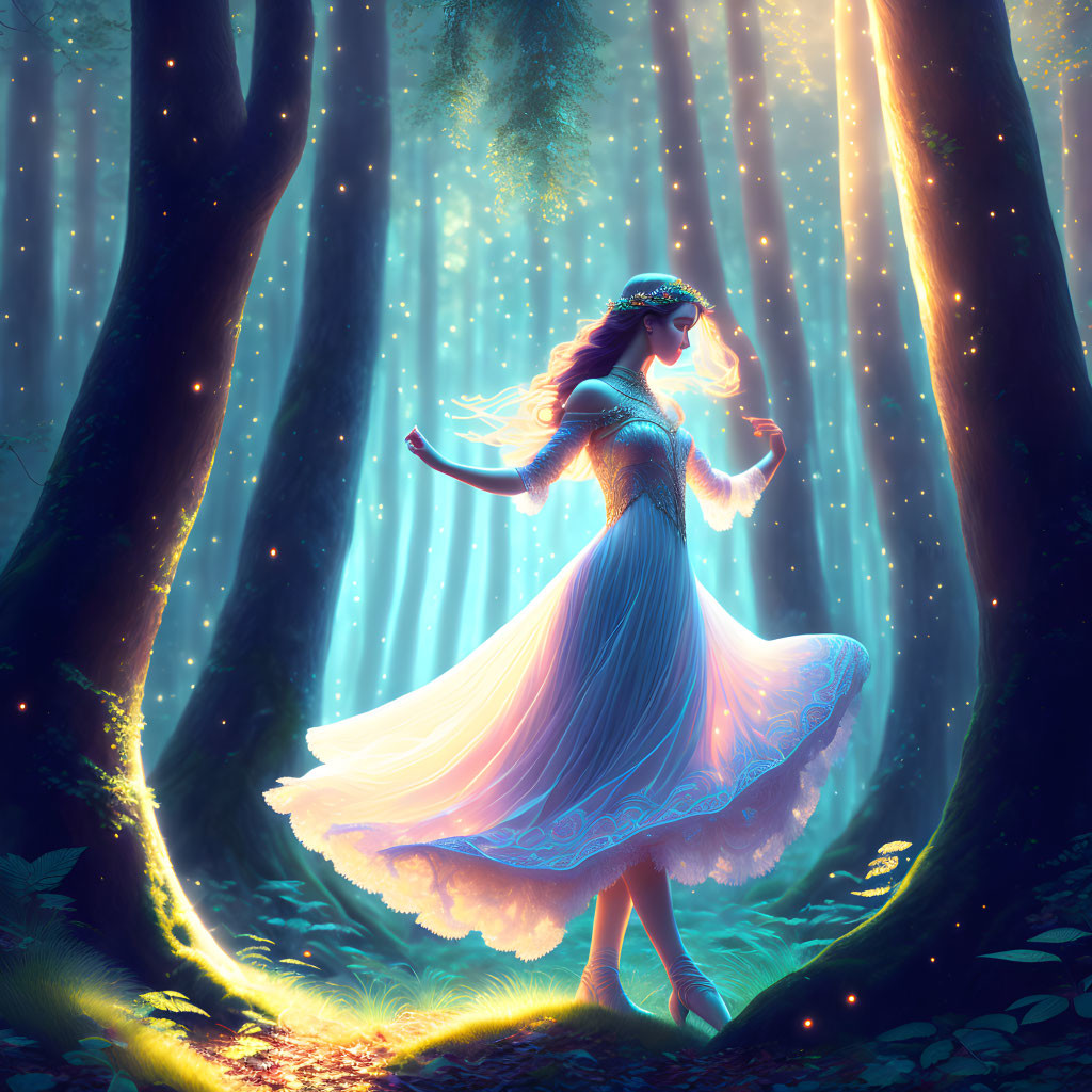 Mystical woman in flowing gown in enchanted forest with light rays