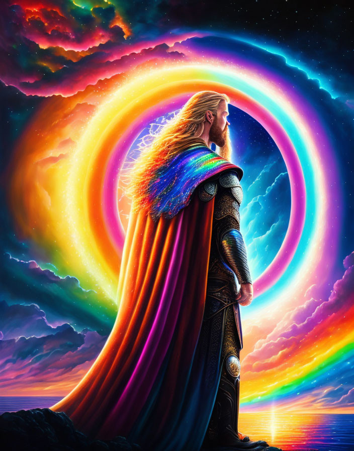 Armored figure in cosmic setting with rainbow and swirling clouds