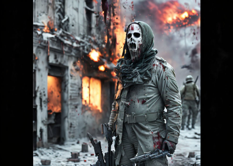 Person in combat uniform and skull mask amidst fiery explosion and destroyed building, with another soldier.
