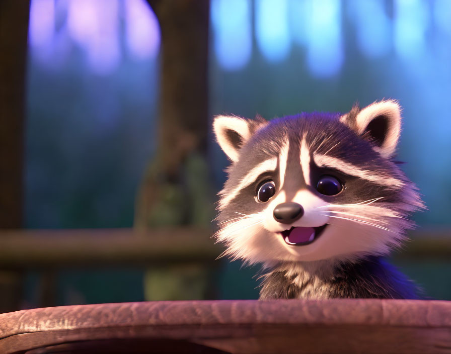 Brightly Expressive 3D Animated Raccoon in Dimly Lit Forest Setting