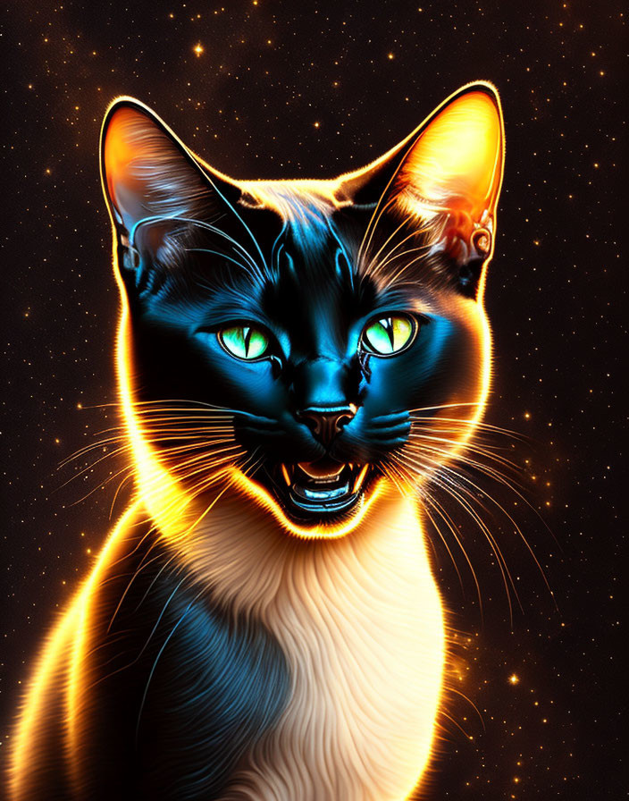 Digital Art: Cat with Neon Blue Eyes on Starry Night Background