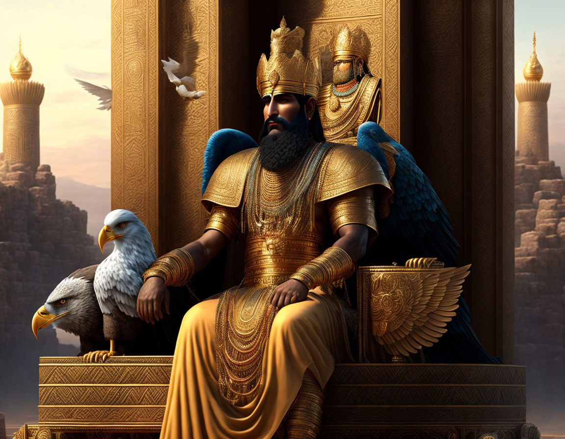 Majestic king in golden armor on throne with eagles, ancient towers, and flying dove