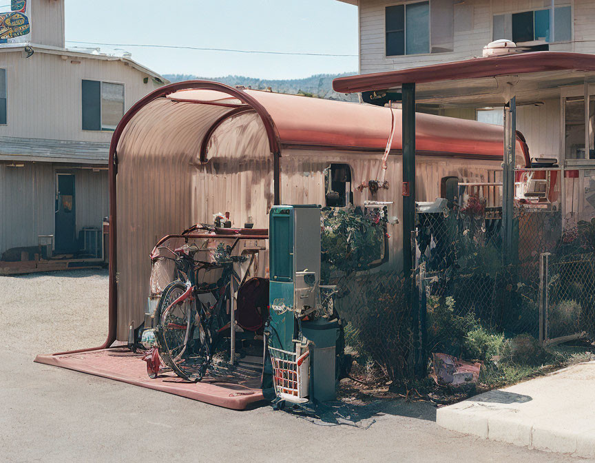 Vintage gas pump, bicycles, and rustic shelter in front of simple house with dry landscape.