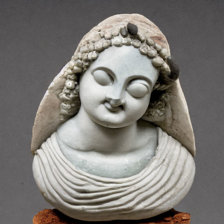Carved statue head with serene facial features and curly hair