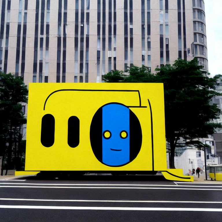 Cartoon Face Yellow Bus Stop on Urban Street