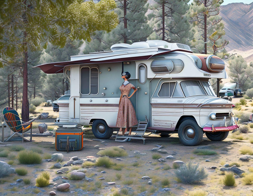 Vintage RV in desert camping spot with woman and nature scenery.