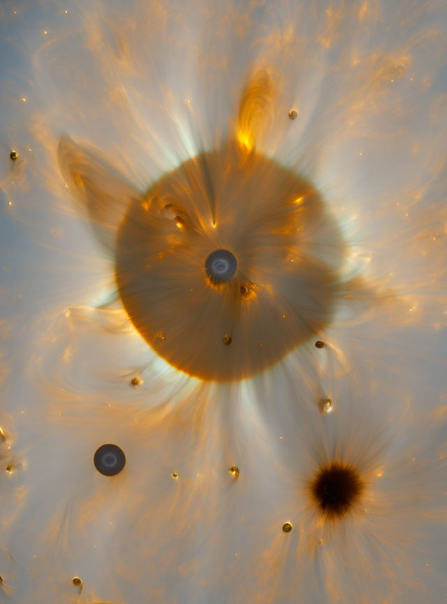 Celestial bodies with star-like structure emitting warm glow in cosmic scene