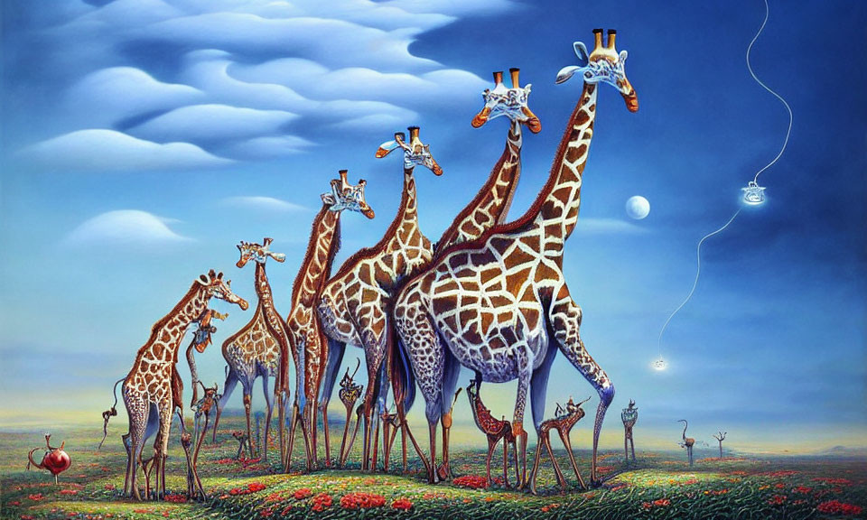 Surreal painting of giraffes with elongated necks in vibrant landscape
