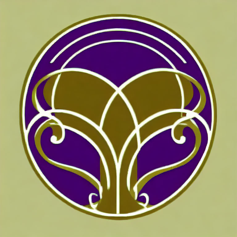 Symmetrical Art Nouveau Tree Emblem on Purple Circle and Beige Square