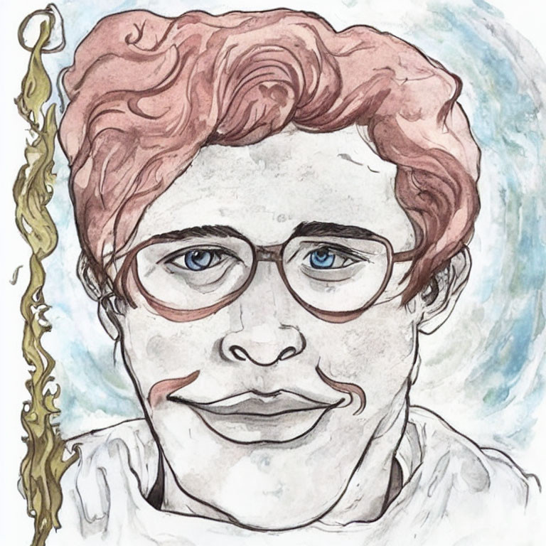 Colorful watercolor caricature of person with curly red hair, blue eyes, glasses.