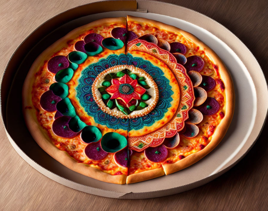Colorful Purple and Green Mandala Design Pizza in Open Box