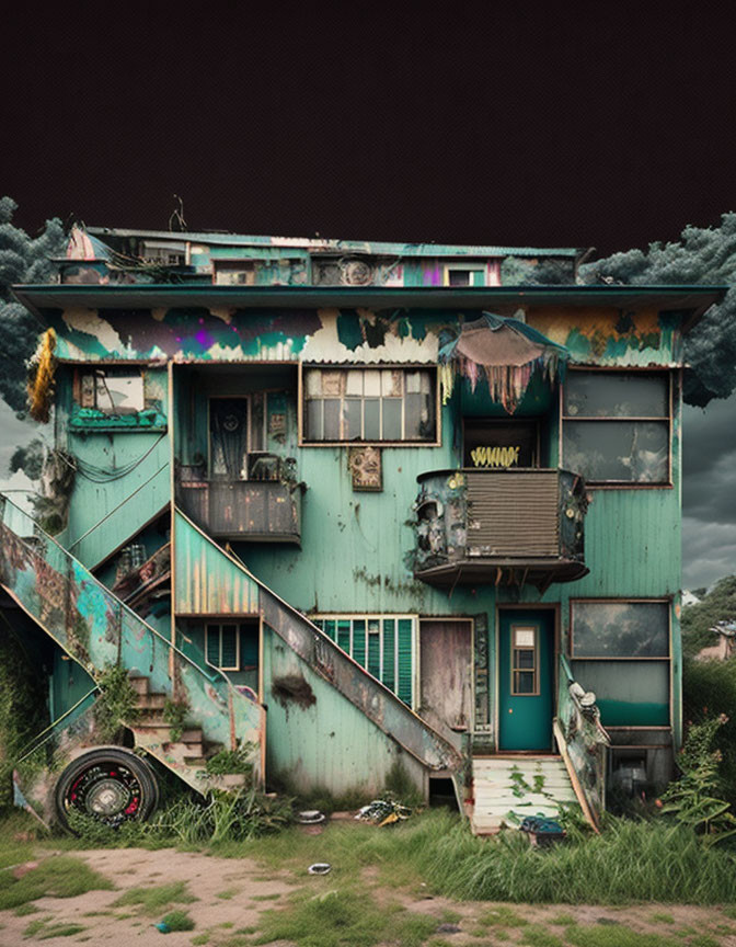 Decrepit multi-story house with peeling teal paint, exterior staircase, overgrown vegetation, and
