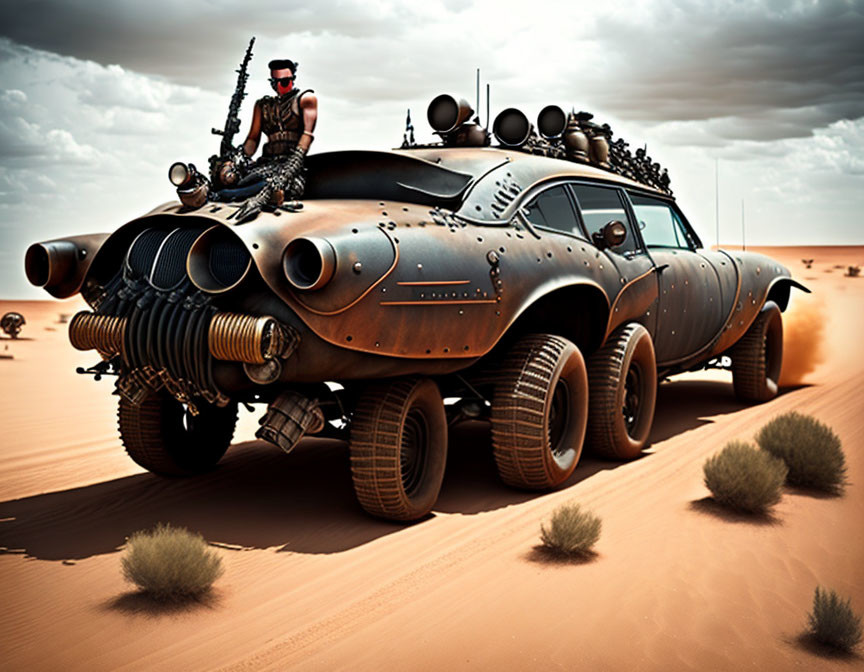 Post-apocalyptic figure on armored vehicle in desert landscape