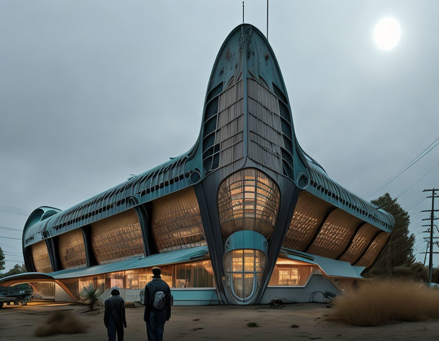 Futuristic ship-like building with large glass windows at dusk