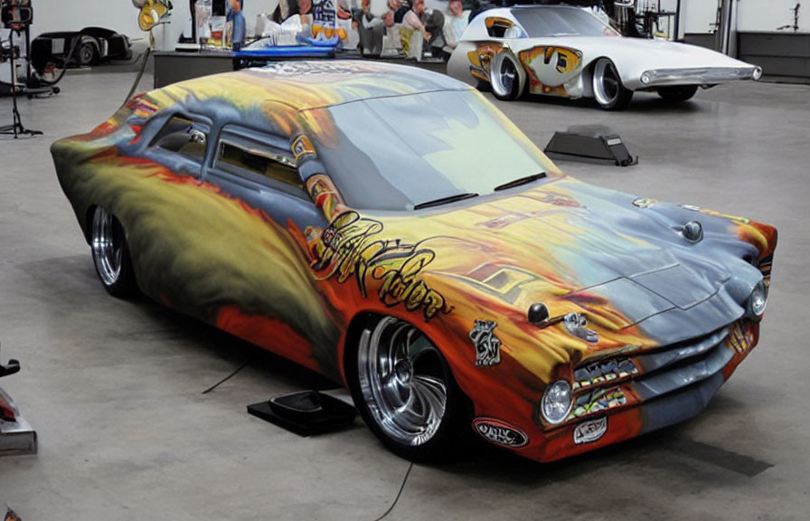 Custom Car with Elaborate Flame Paint Job and Large Front Grill