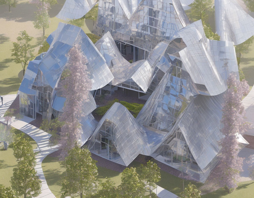 Futuristic digitally-rendered building with crystalline glass-like surfaces among landscaped grounds
