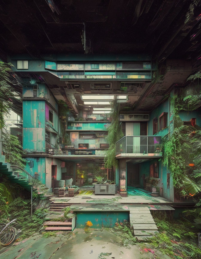 Abandoned building with overgrown plants and vibrant greenery