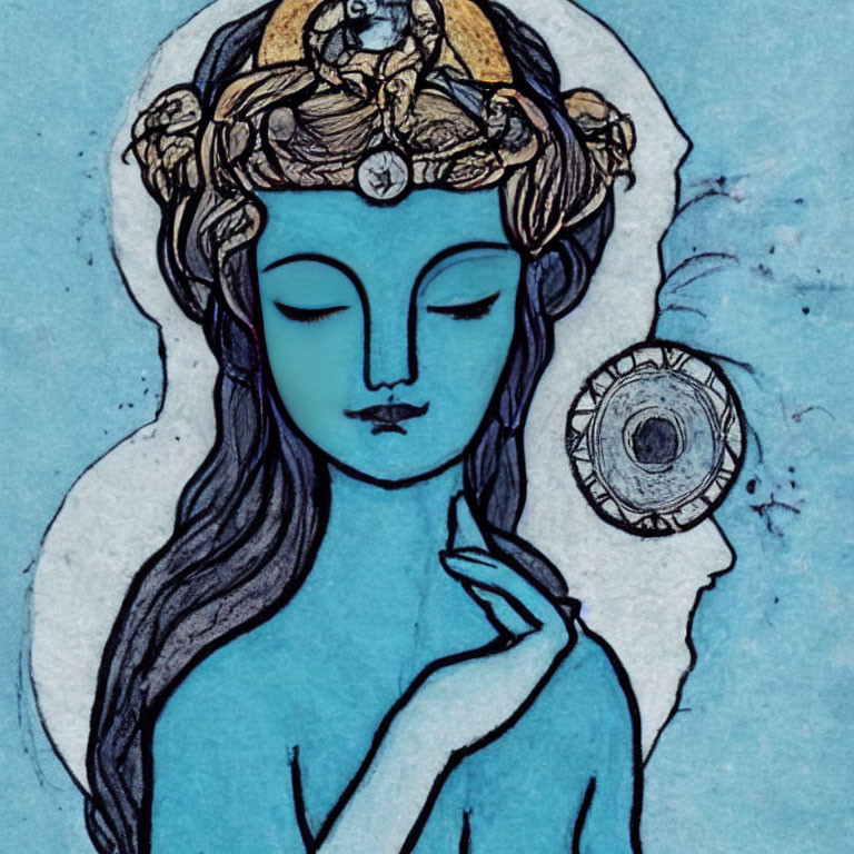 Blue-skinned female figure with headpiece in serene pose on textured blue backdrop