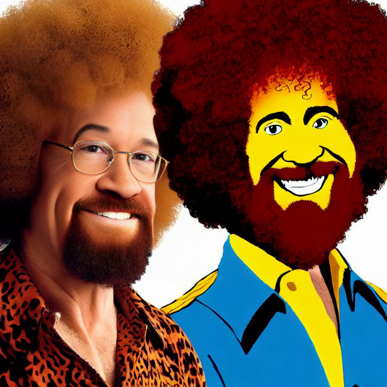 Man with glasses and beard in split-image with real and animated versions showcasing large, curly hair