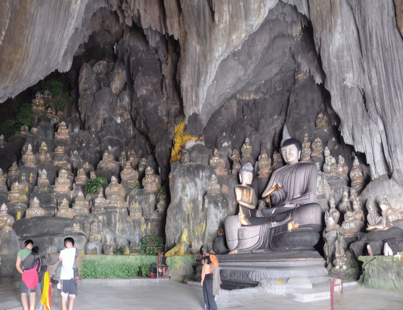Large Seated Buddha Statue Surrounded by Smaller Carved Figures in Cave