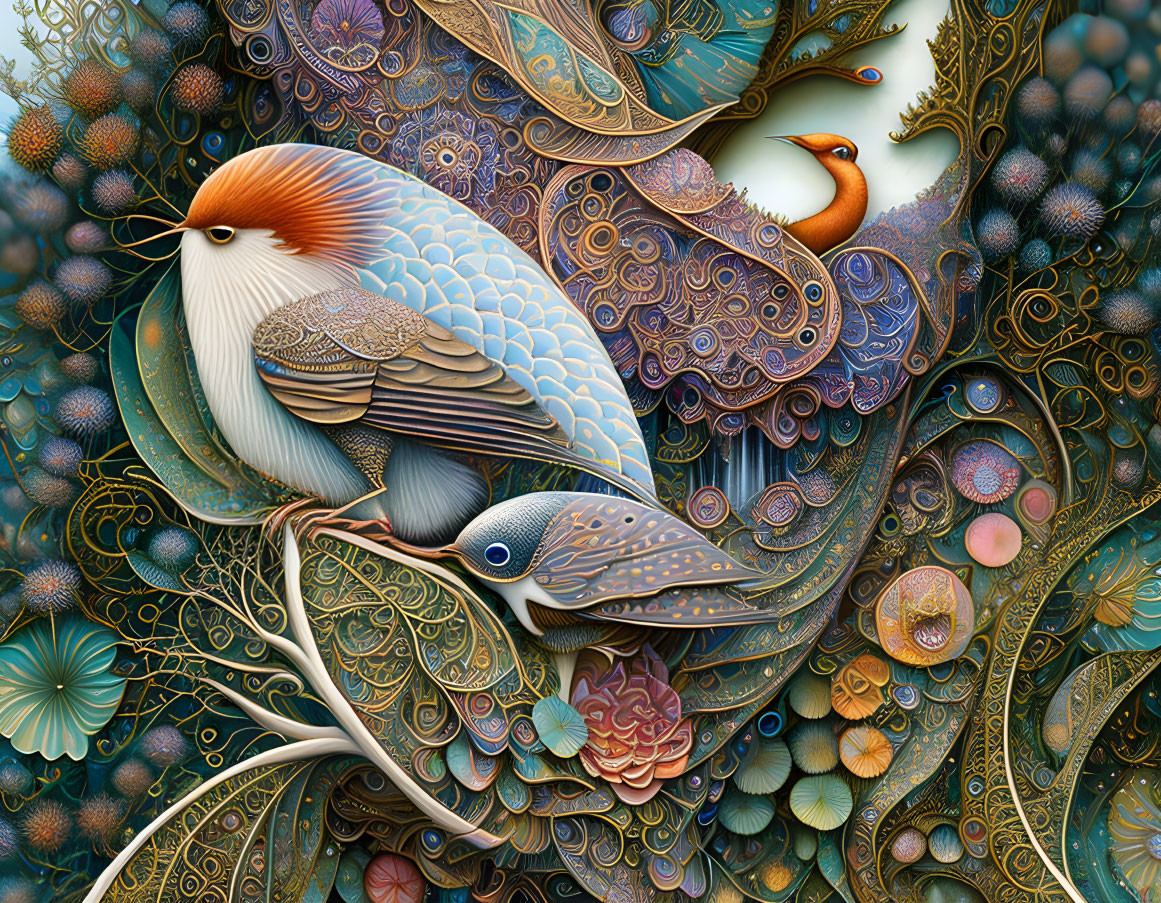 Intricate Artwork of Stylized Birds and Ornate Designs
