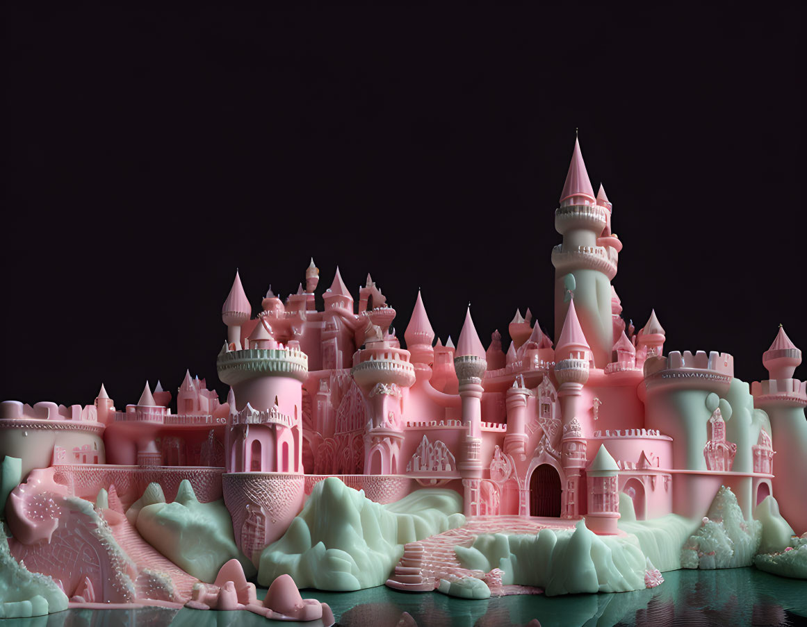 Whimsical 3D rendering of pink castle with towers and turrets