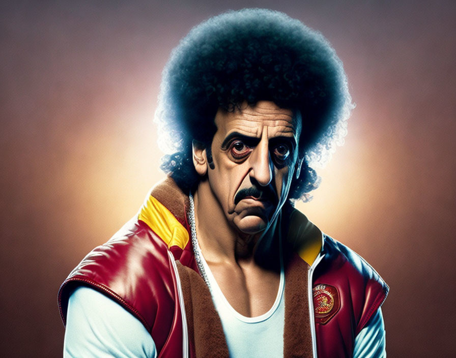 Man with Afro in Tank Top & Jacket on Gradient Background
