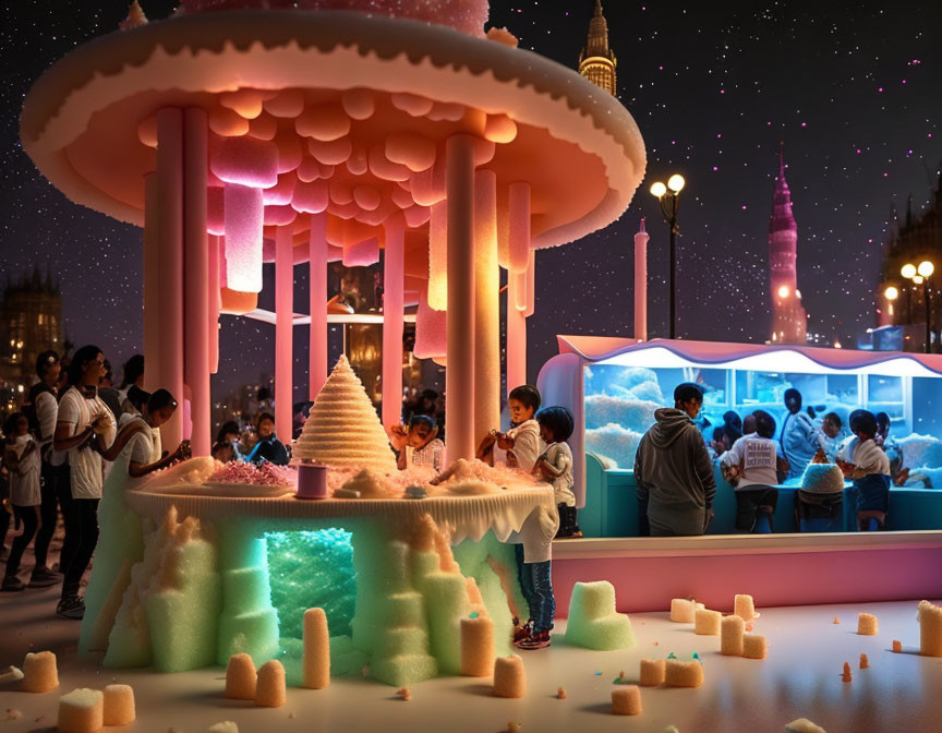 Whimsical candy-like installation in warmly lit space with night cityscape.