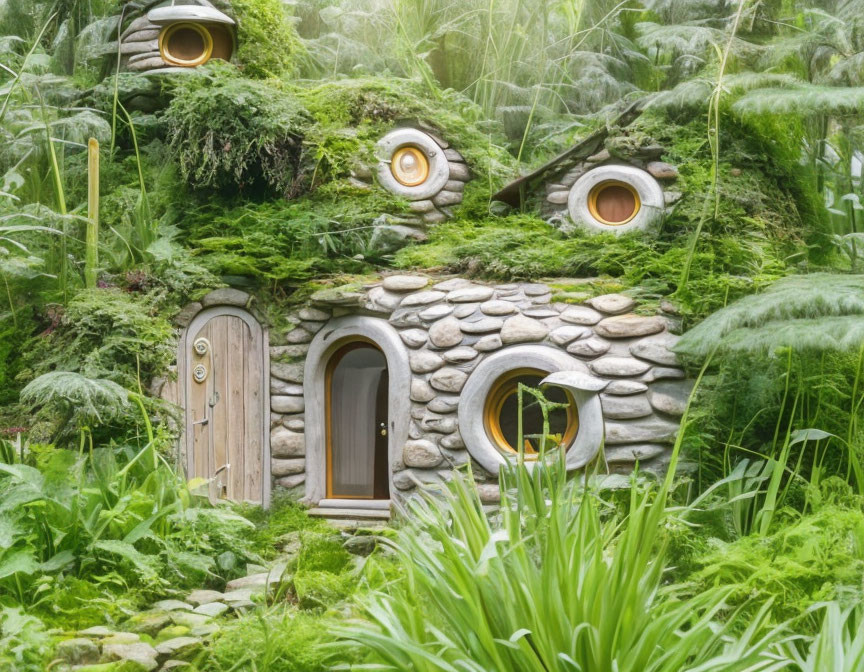 Stone fairy house with round doors and windows in lush garden with ferns.
