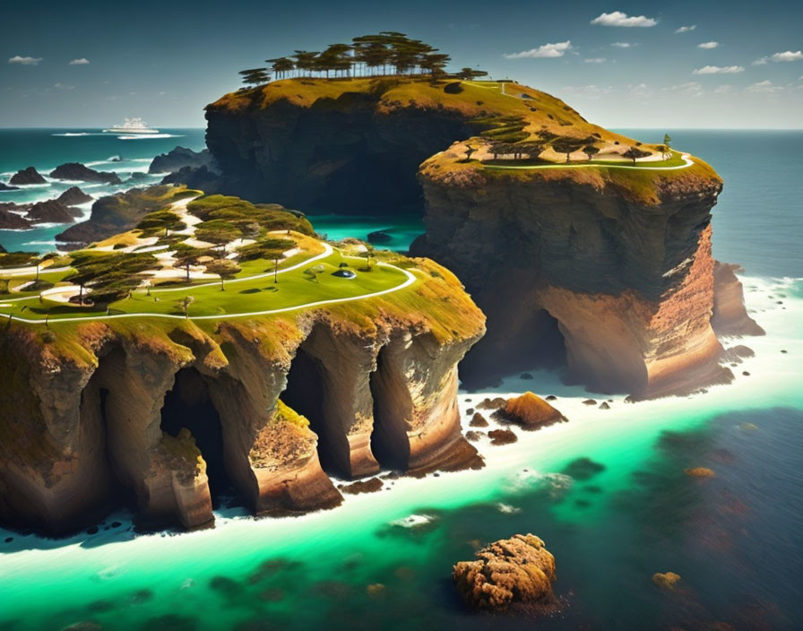Lush green sea stack with golf course and turquoise water