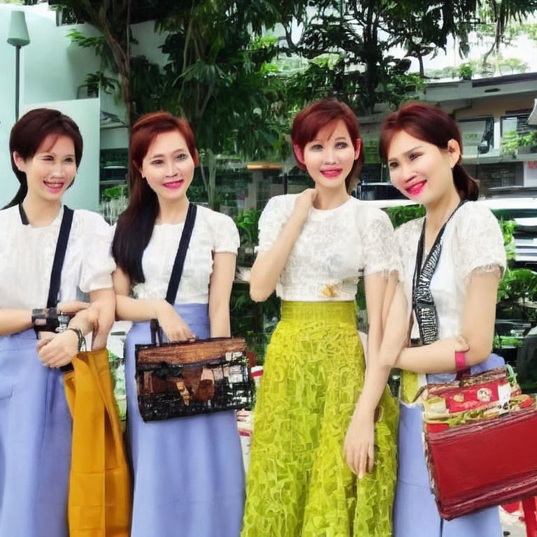 Four Women Smiling in Stylish Outfits with Handbags
