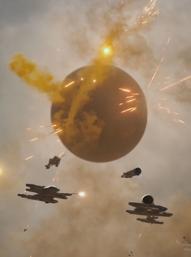 Spaceships fleeing explosion in digital artwork with fiery debris on smoky backdrop