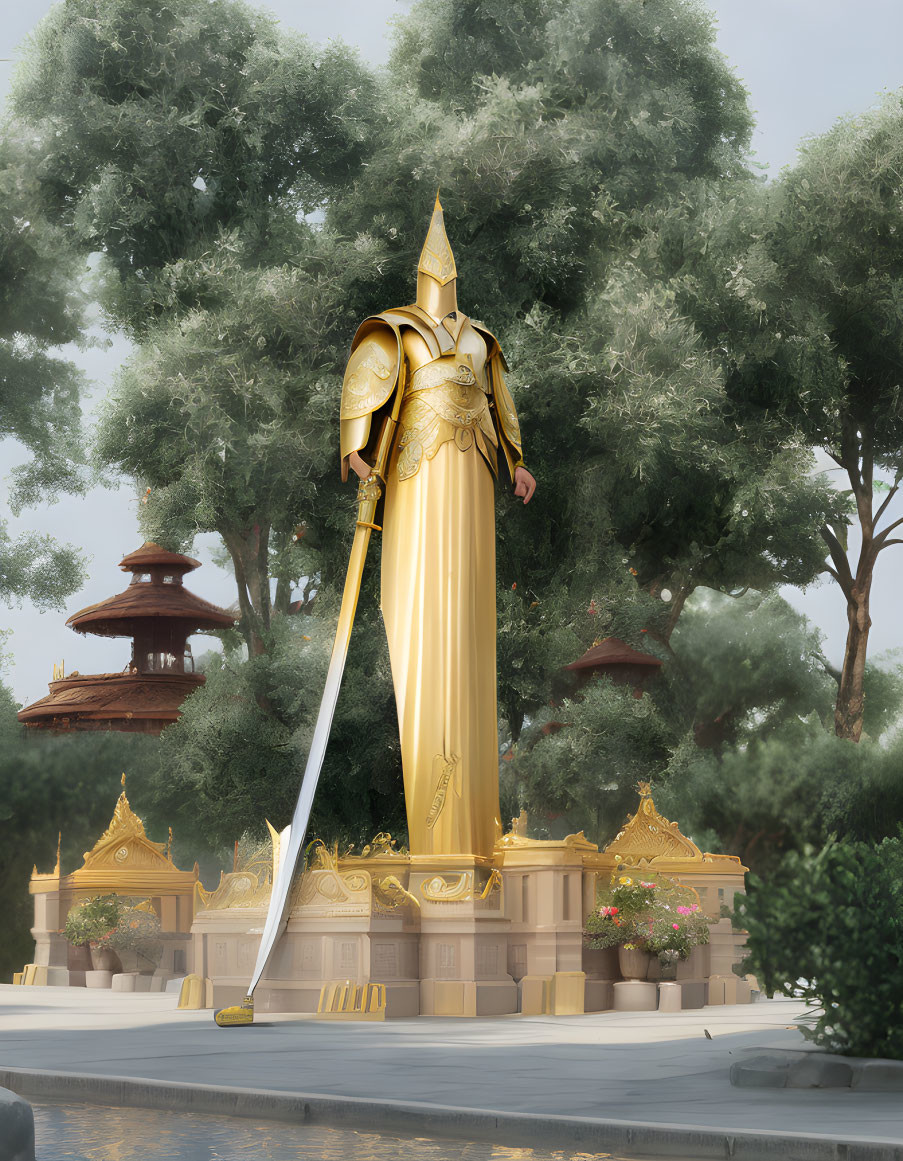 Golden knight statue in serene garden with lush green trees and pavilions