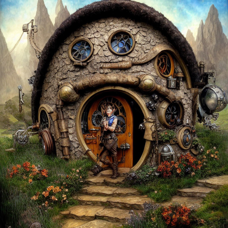 Whimsical stone cottage with round door and hobbit-like figure in garden