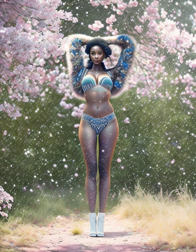 Digital artwork of woman with galaxy-themed wings and body art in cherry blossom setting