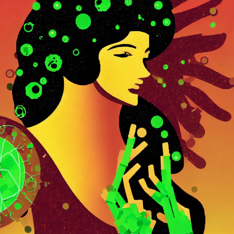 Stylized female profile with green decorations on orange background