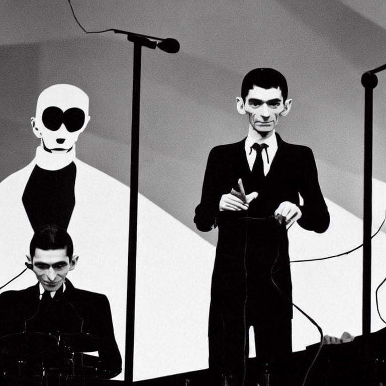 Monochrome illustration of three stylized musician figures on stage